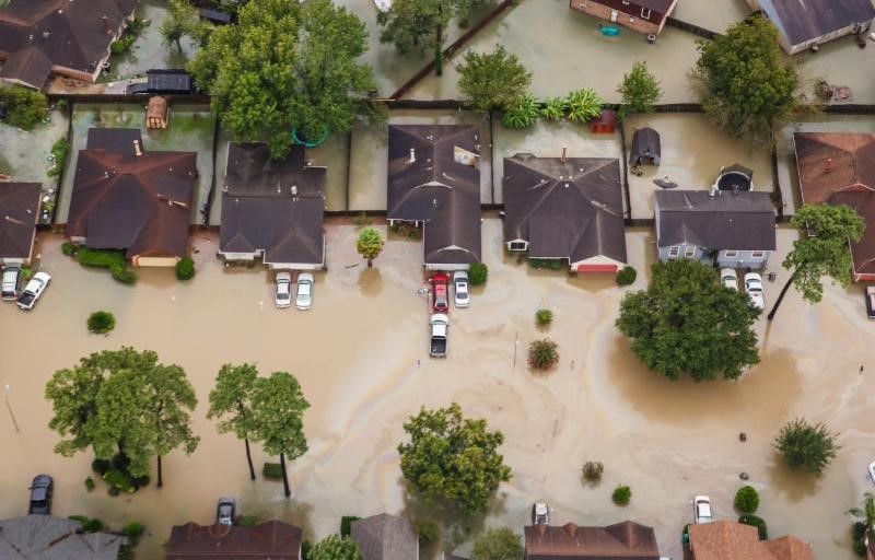 A neighborhood sits in floodwater after Hurricane Harvey hit Houston in August 2017.