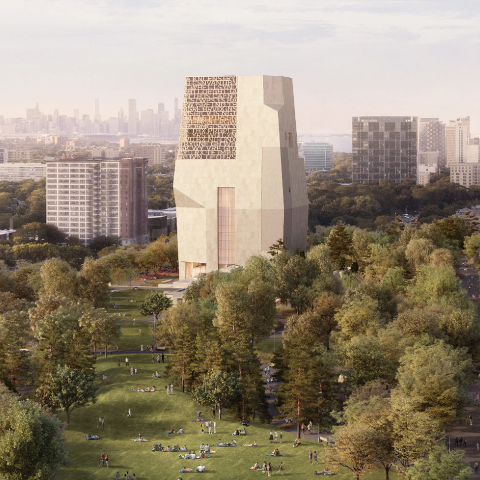 Obama Presidential Center, exterior rendering, view  looking north to the city. 